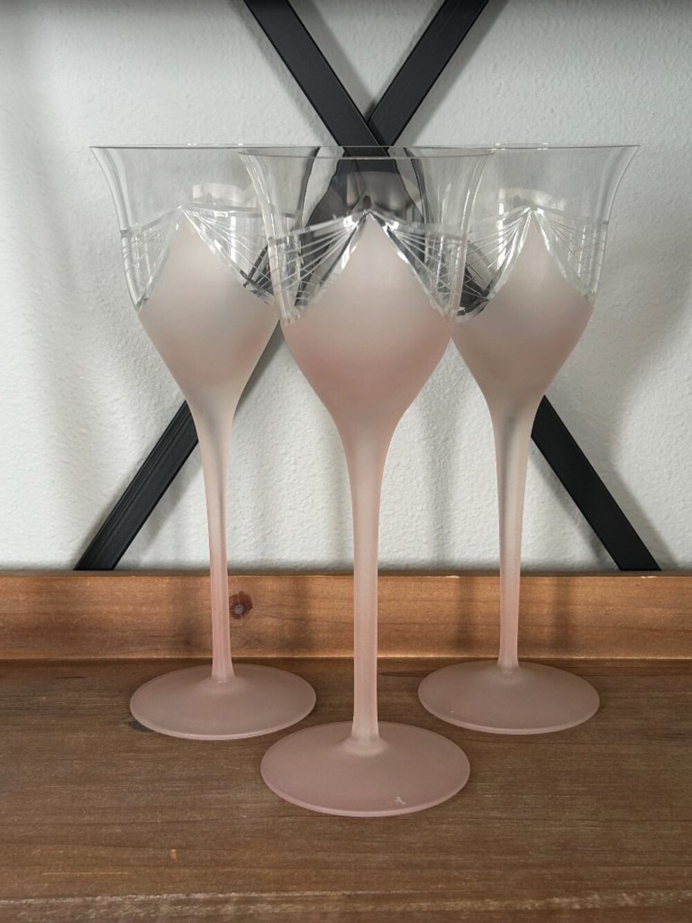 Vintage 3 Art Deco Wine Glasses Crystal Clear Pink Melinda Romania 8.75"